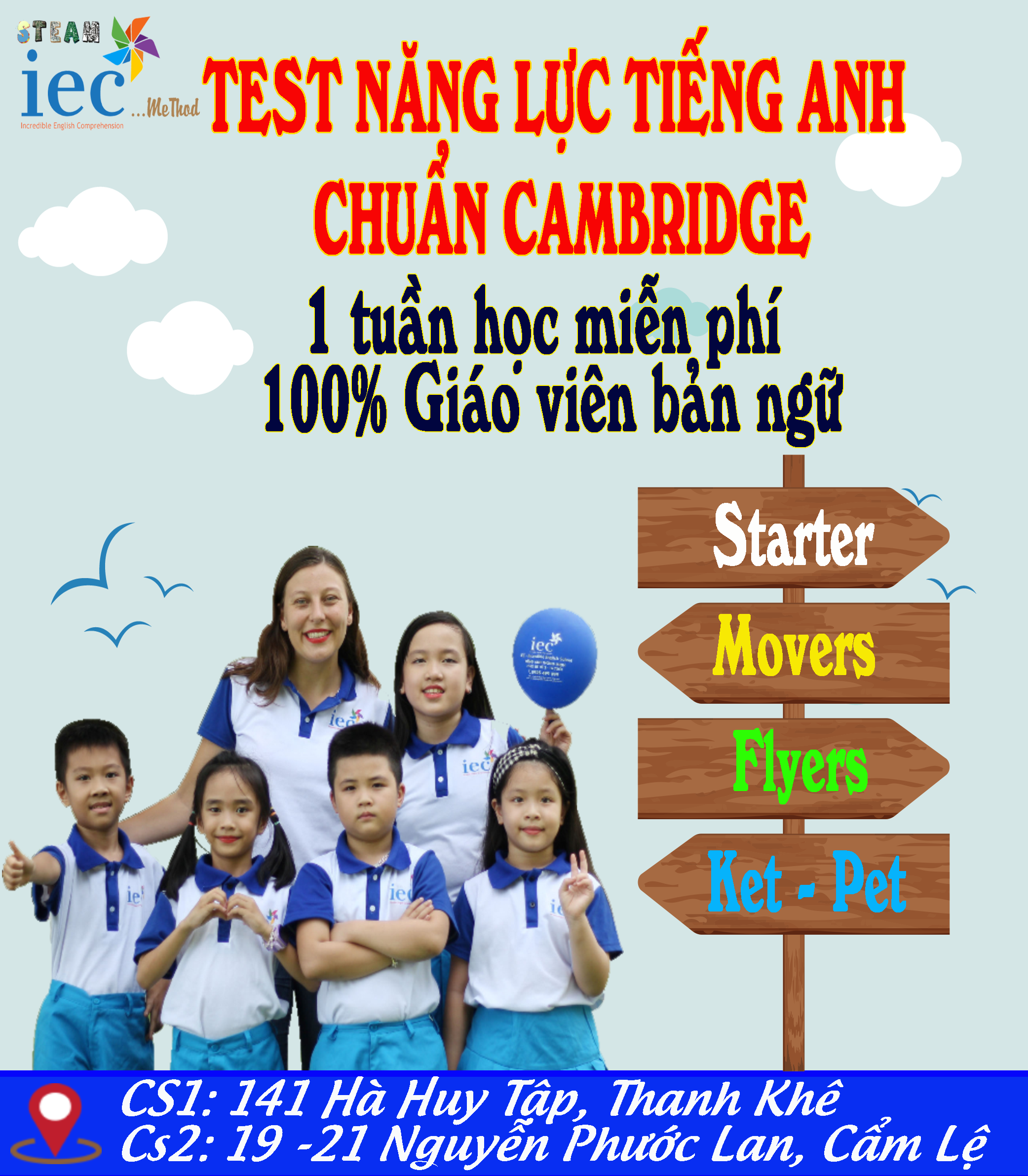 FREE 100% TEST NĂNG LỰC CAMBRIDGE STARTERS/MOVERS/FLYERS TẠI IEC ENGLISH 